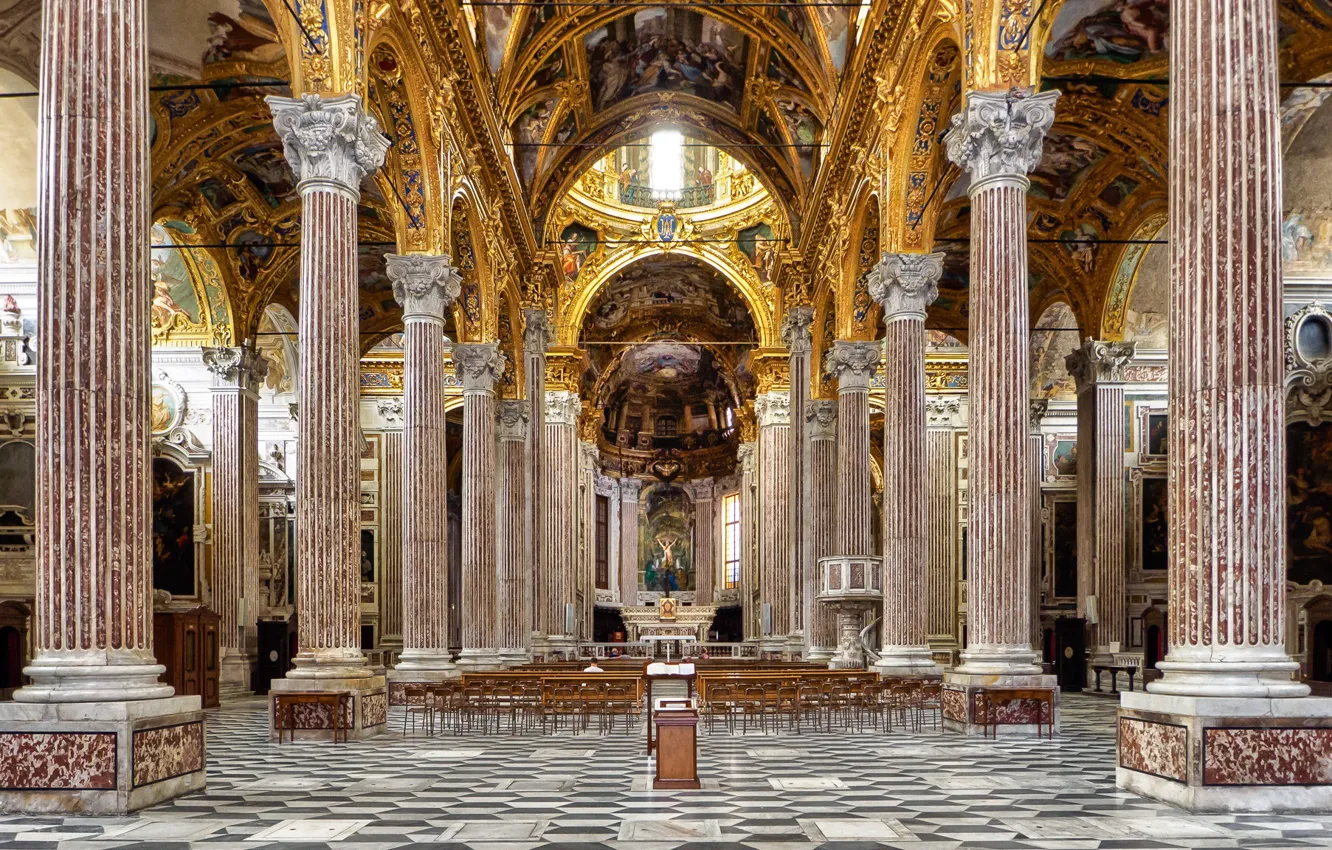 Фото обои Италия, колонны, скамья, базилика, Генуя, неф, Сантиссима Аннунциата дель Вастато