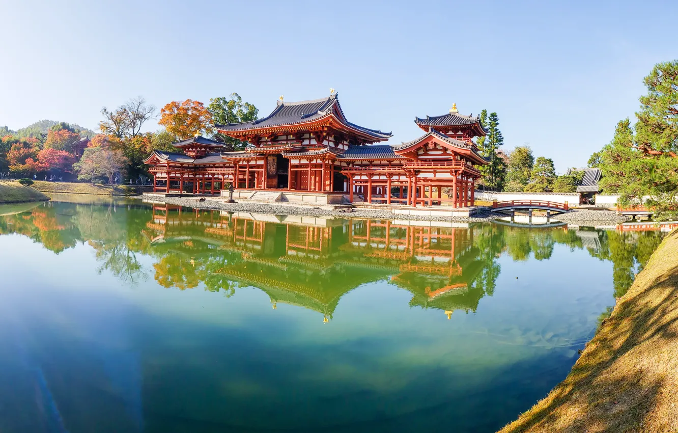 Фото обои деревья, пруд, парк, отражение, Япония, панорама, храм, Japan
