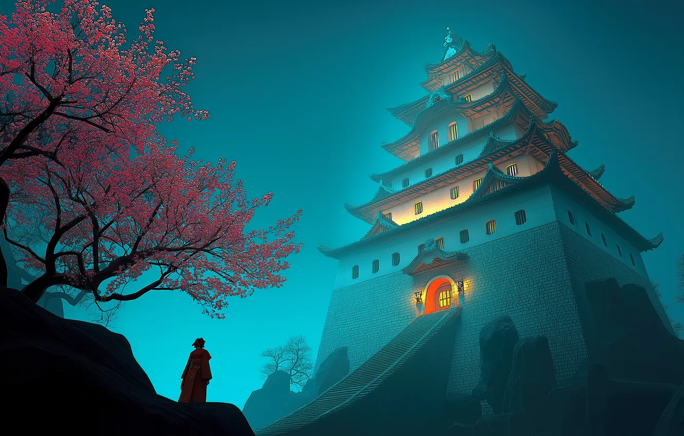 Фото обои fantasy, flowers, tree, Castle, digital art, artwork, architecture, fantasy art