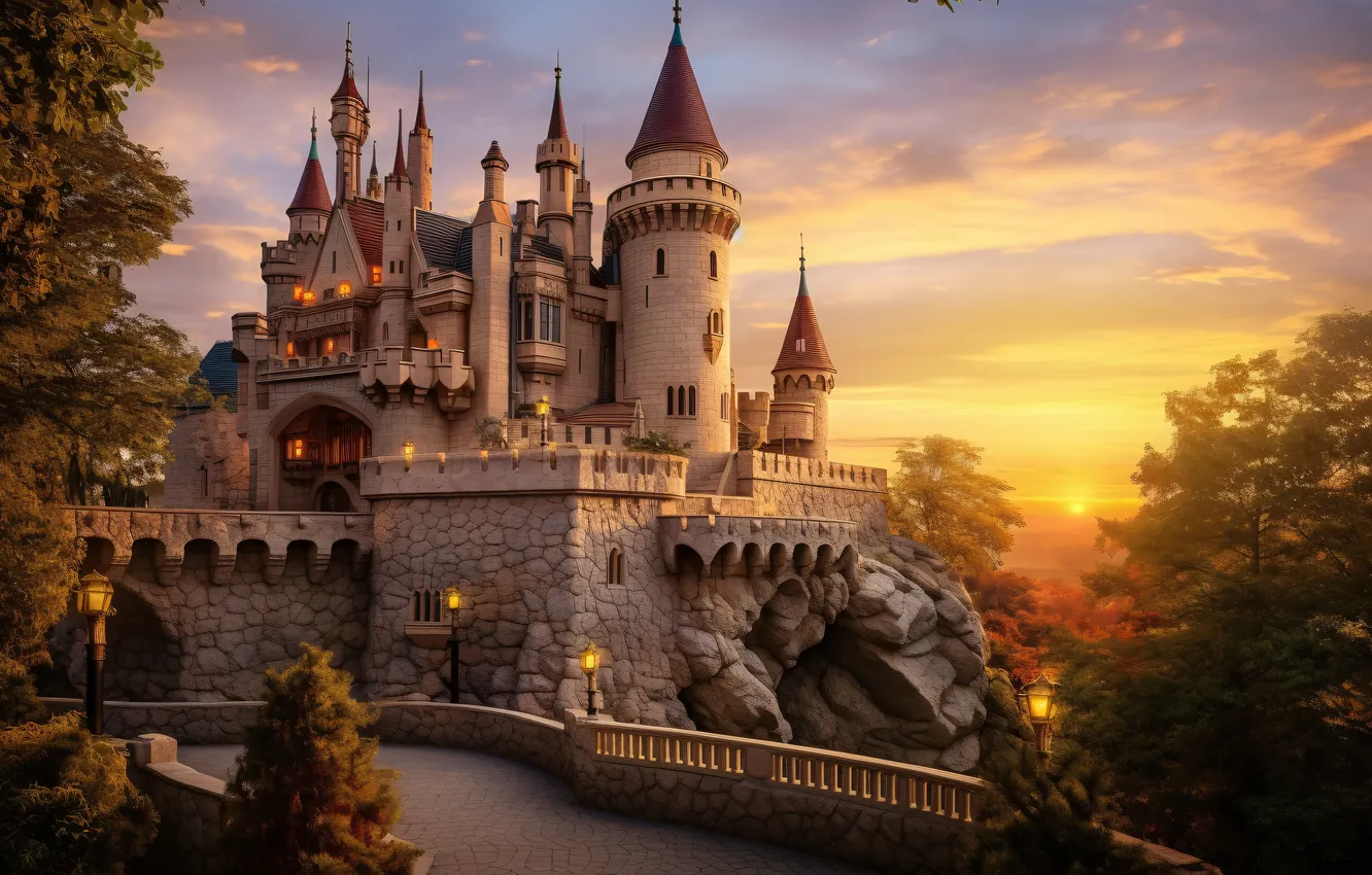 Фото обои осень, закат, замок, landscape, autumn, castle, ancient