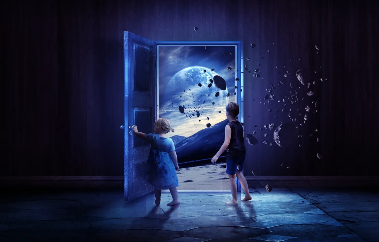 Фото обои космос, путь, камни, планета, мальчик, дверь, девочка