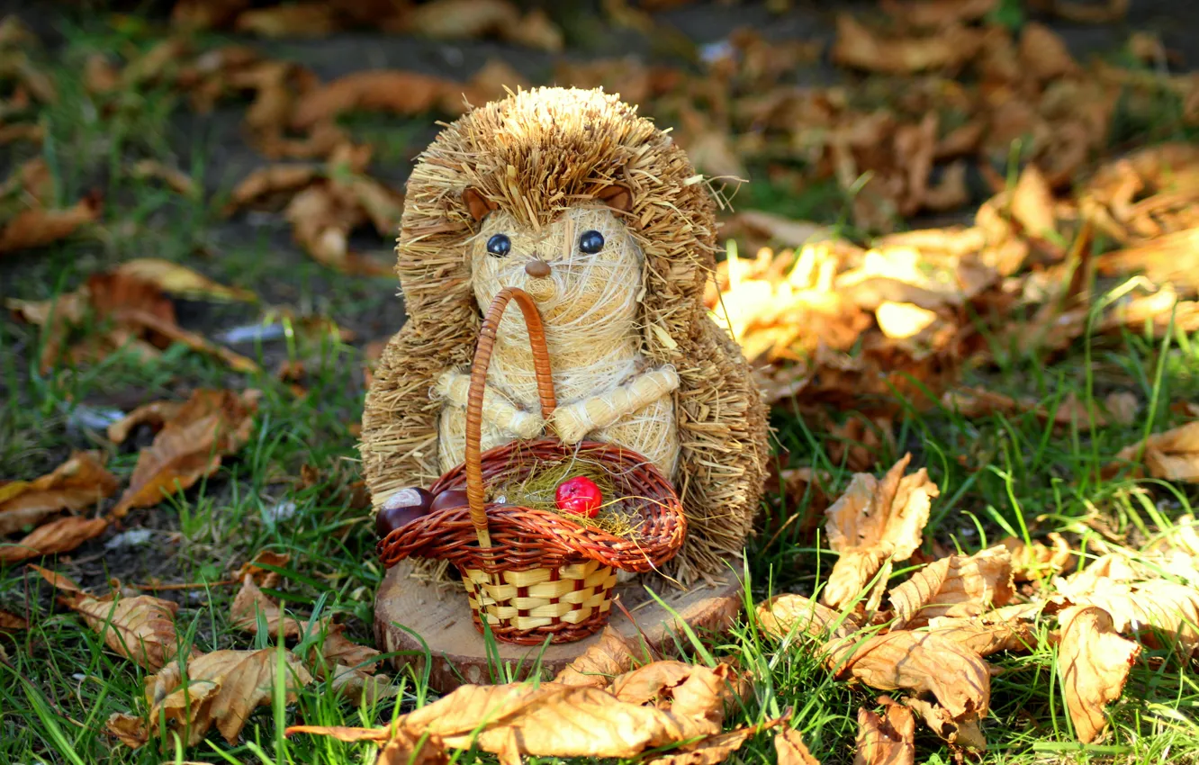Фото обои осень, листья, ёжик, фигурка