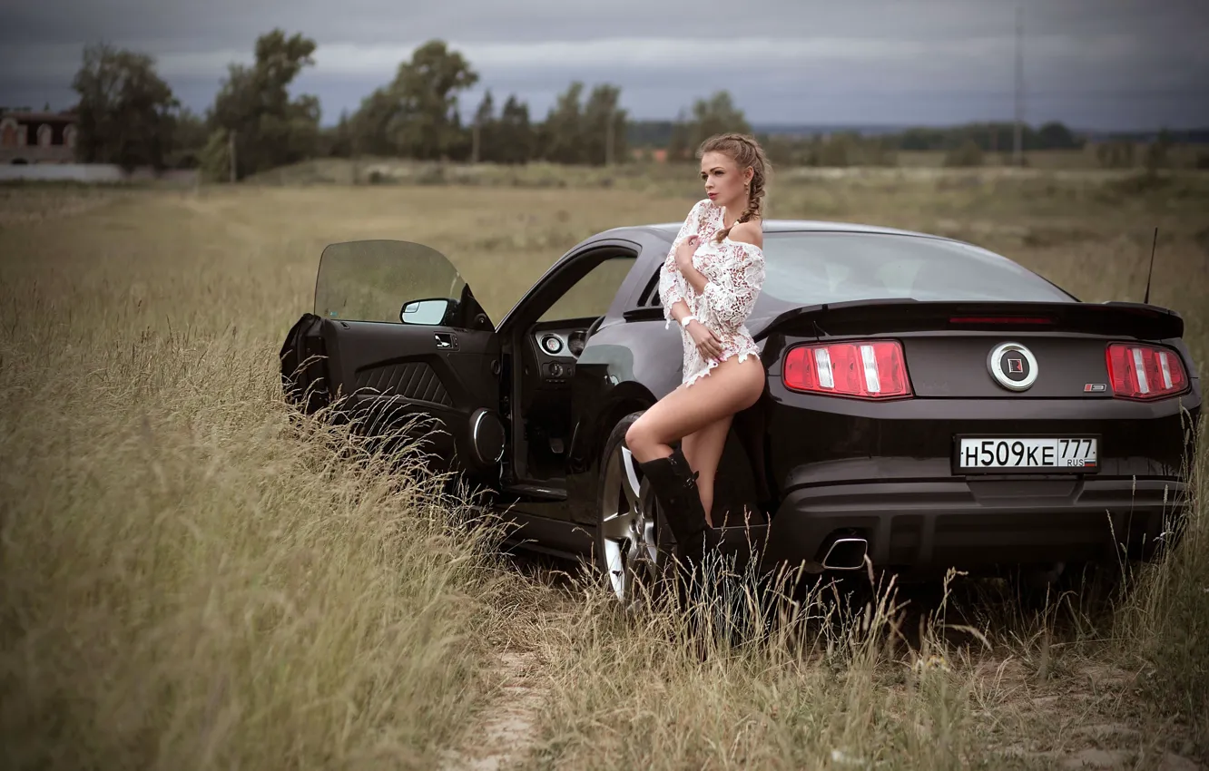Фото обои car, Ford, Shelby, girl, Ford Mustang, long hair, dress, legs
