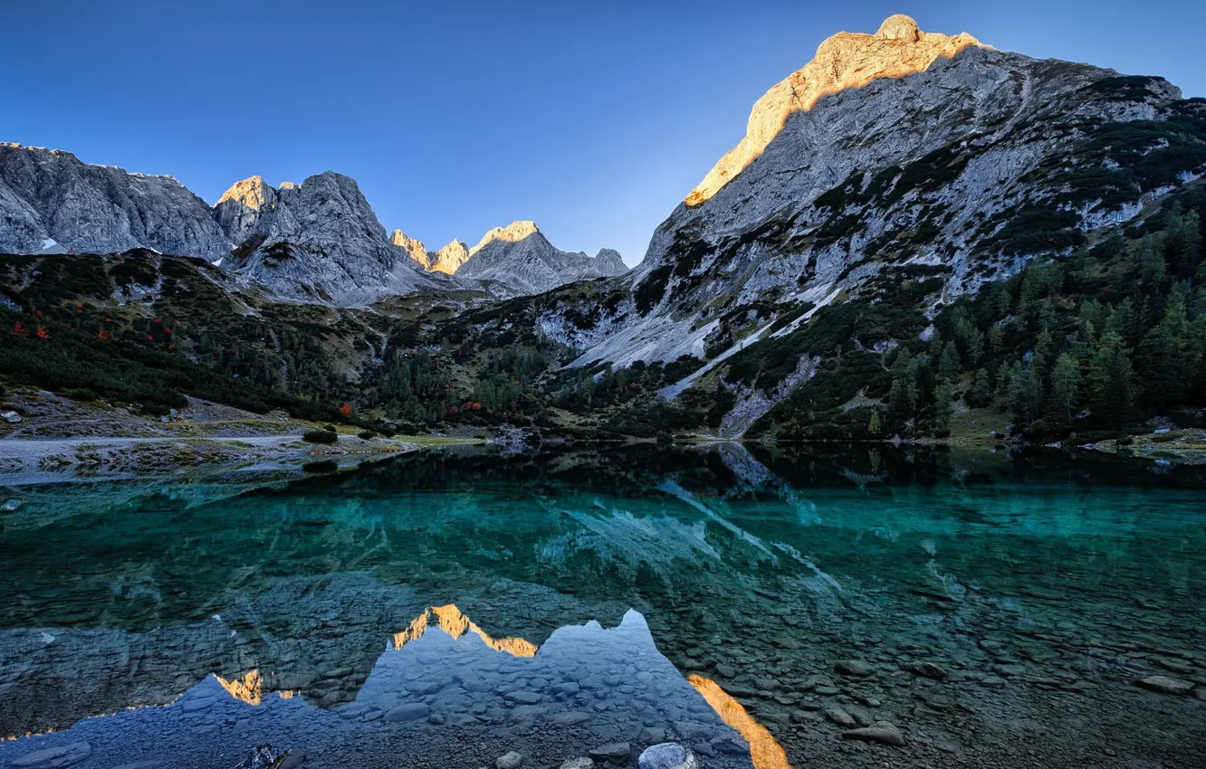 Фото обои небо, деревья, горы, природа, озеро, отражение, скалы, Германия
