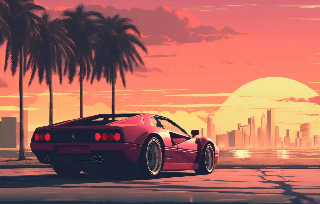 Фото обои Sunset, Digital Art, Scenery, Palm Trees, Sports Car, AI Generated