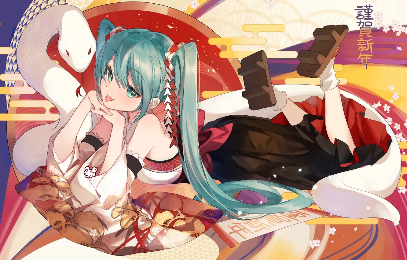 Фото обои новый год, змея, hatsune miku, vocalaoid