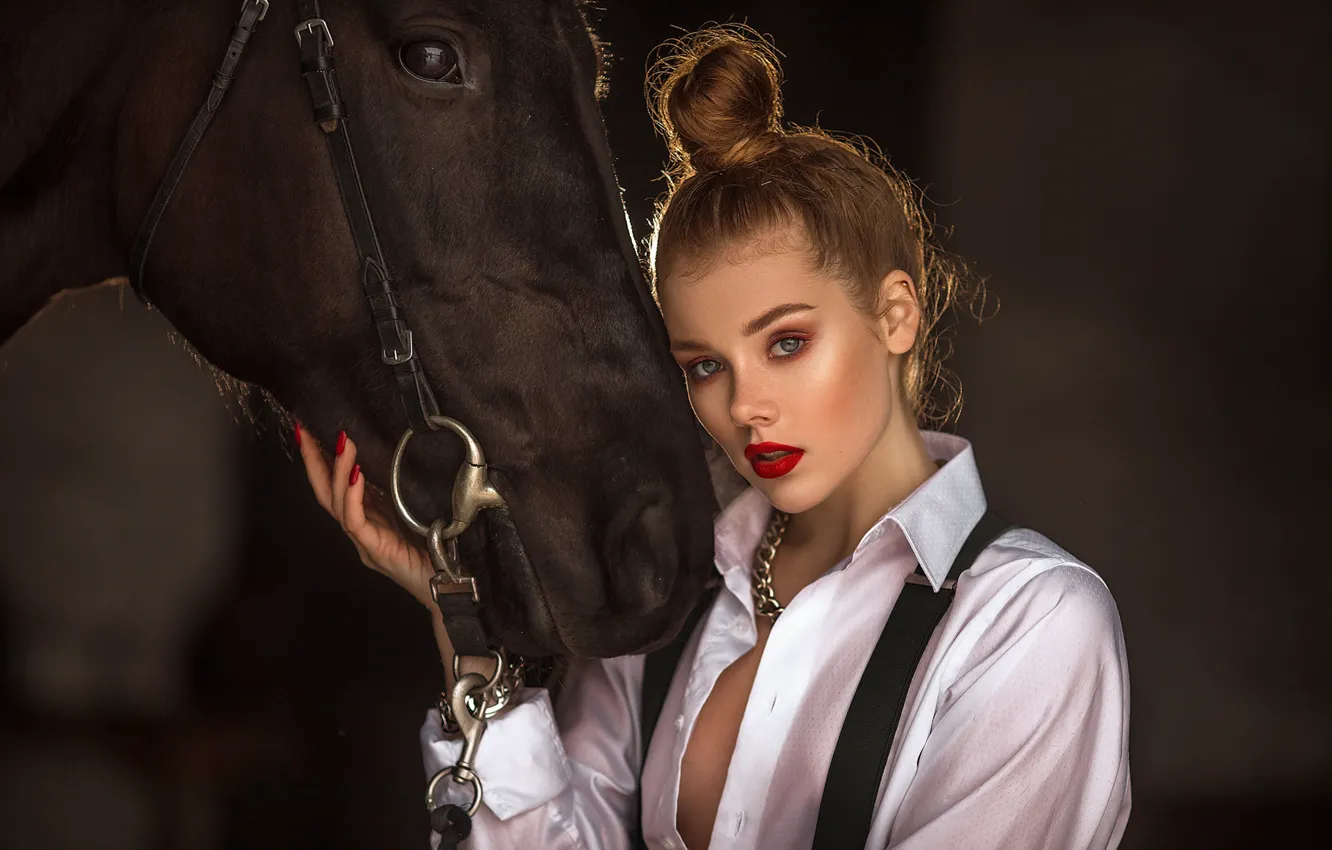Фото обои взгляд, морда, девушка, лицо, фон, конь, лошадь, макияж