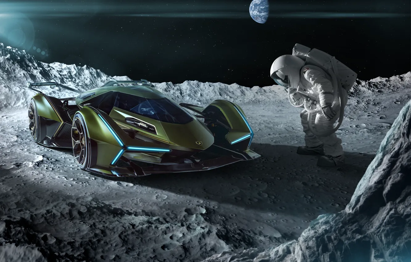Фото обои Lamborghini, Луна, Космос, Астронавт, Космонавт, Арт, Ламборгини, В12