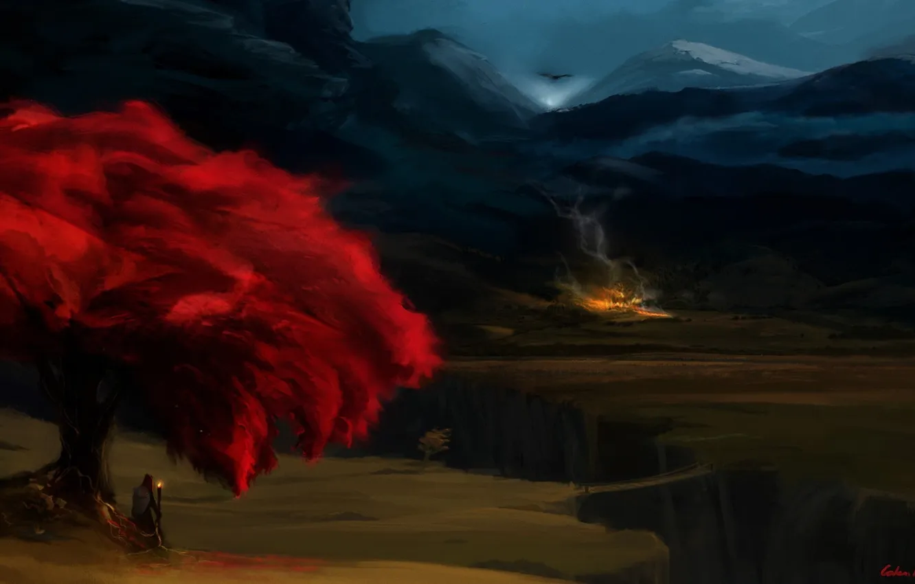 Фото обои горы, ночь, мост, дерево, огонь, дракон, человек, арт
