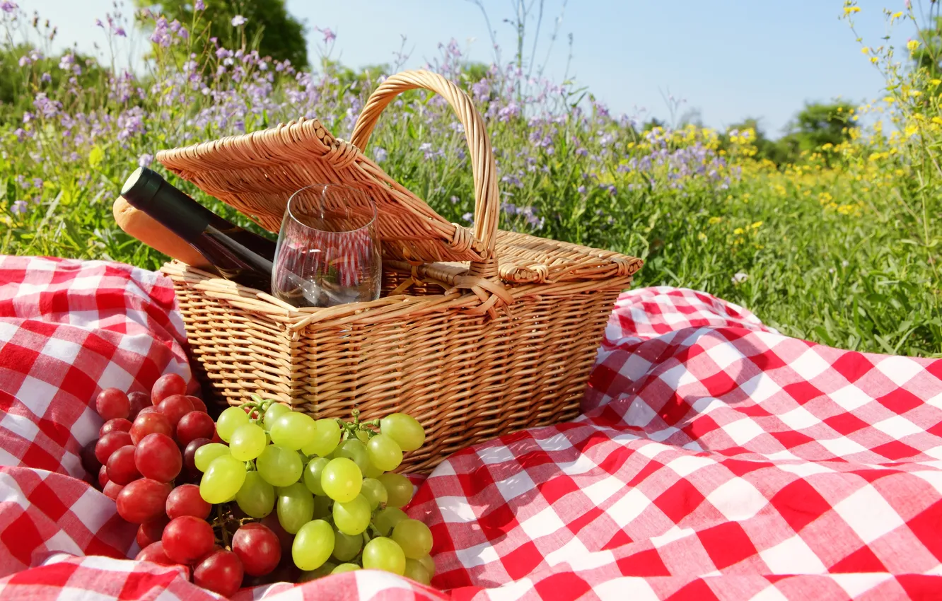 Фото обои корзина, бокал, виноград, травка, grape, салфетка, basket grass, a napkin