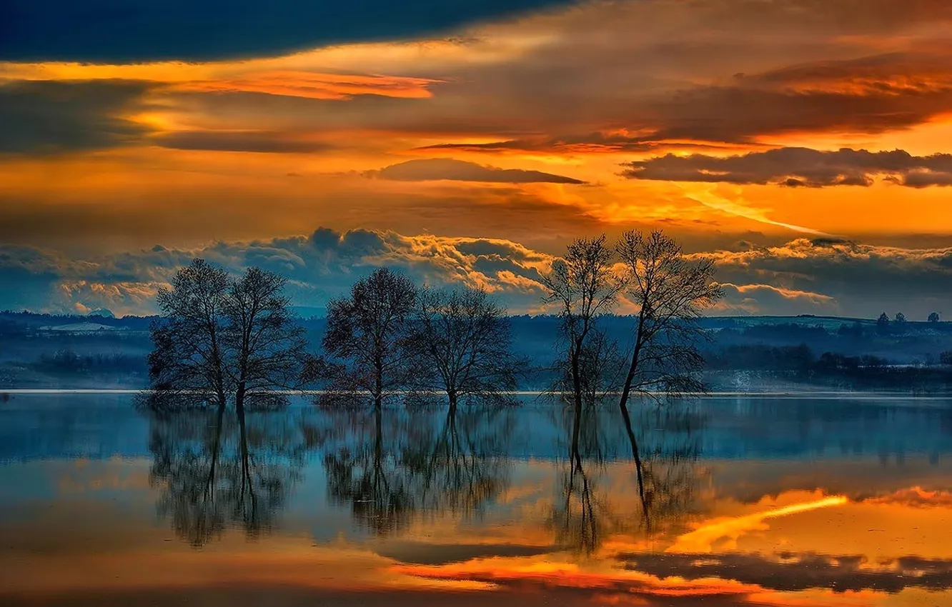 Фото обои небо, вода, облака, деревья, закат, тучи, природа, отражение