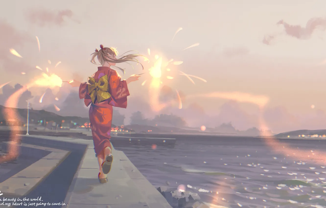 Фото обои море, девушка, кимоно, бенгальские огни