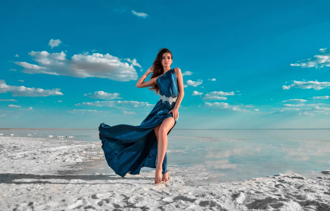 Фото обои girl, beach, sky, long hair, dress, legs, sea, photo