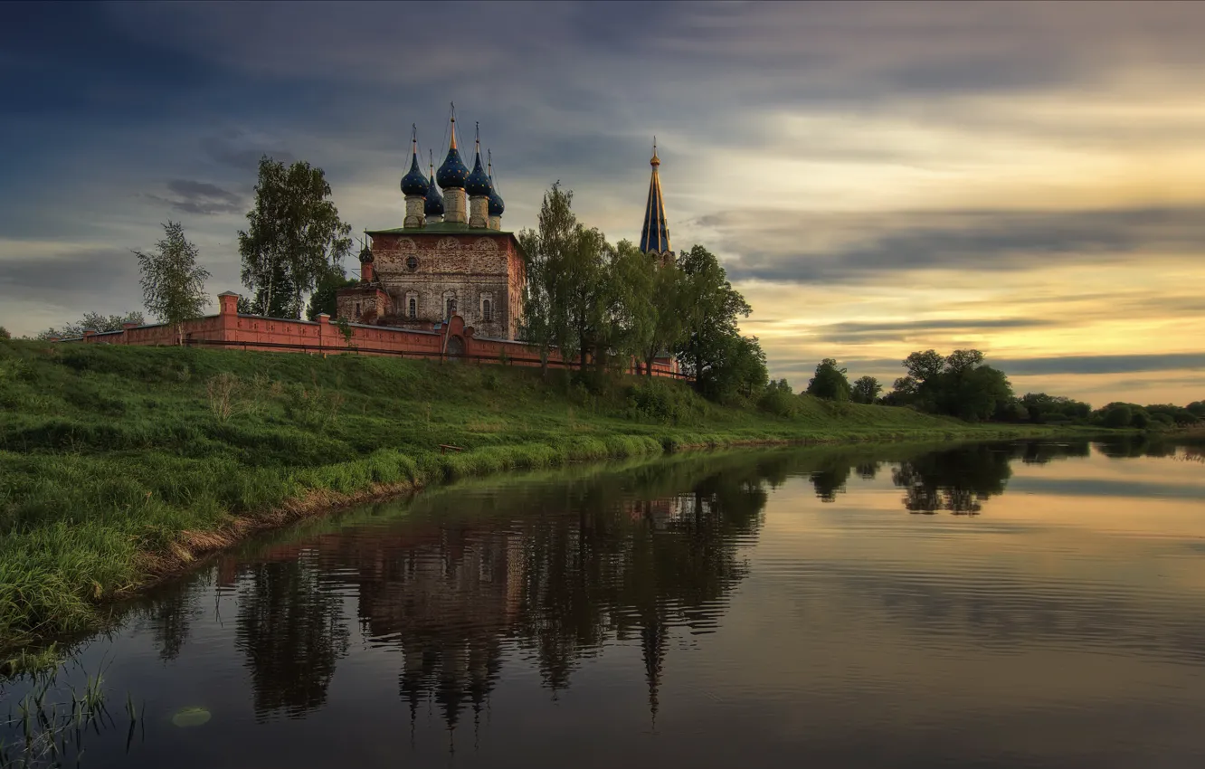 Фото обои пейзаж, природа, река, храм, берега, купола, Дунилово, Богорянов Алексей