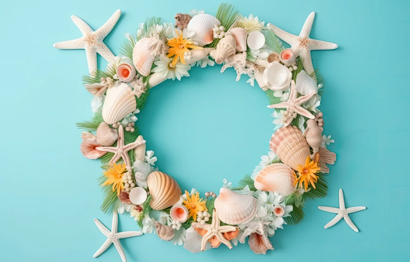 Фото обои ракушки, summer, венок, flowers, marine, wreath, seashells