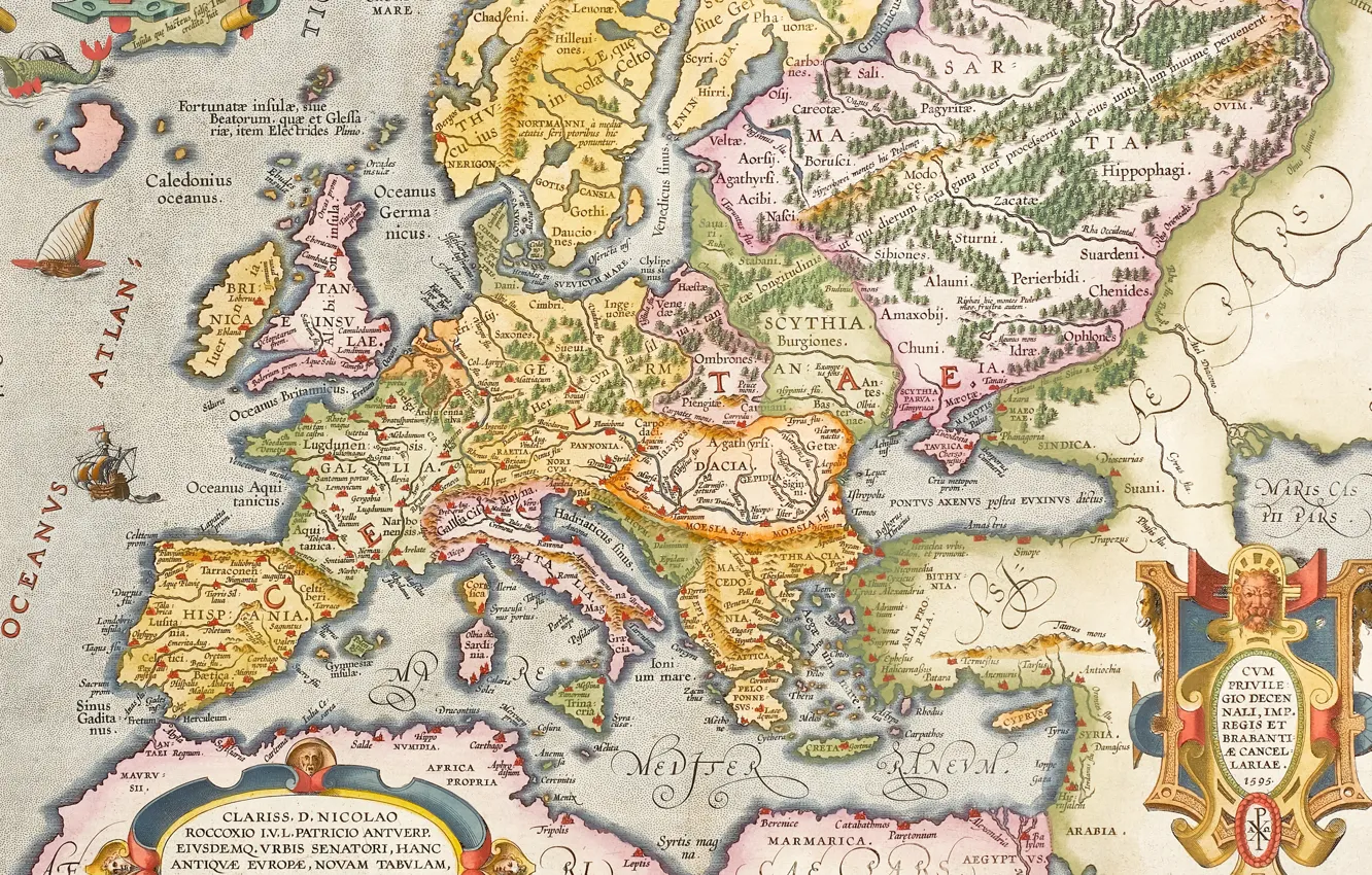 Фото обои Европа, old maps, старые карты, Hand coloured engraved map, ancient Europe, Antwerpen 1603, Abraham Ortelius, …