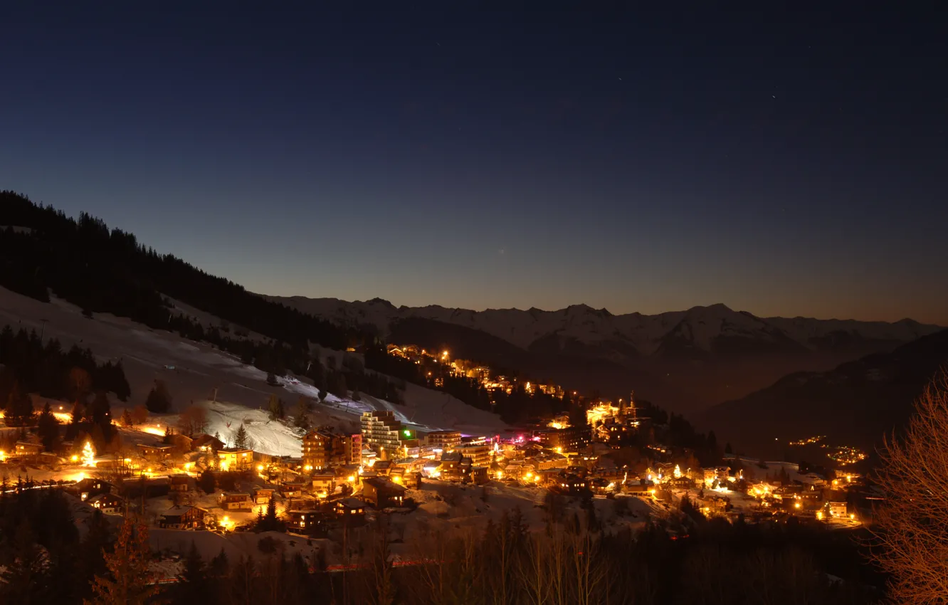 Фото обои зима, снег, ночь, франция, альпы, куршевель, courchevel