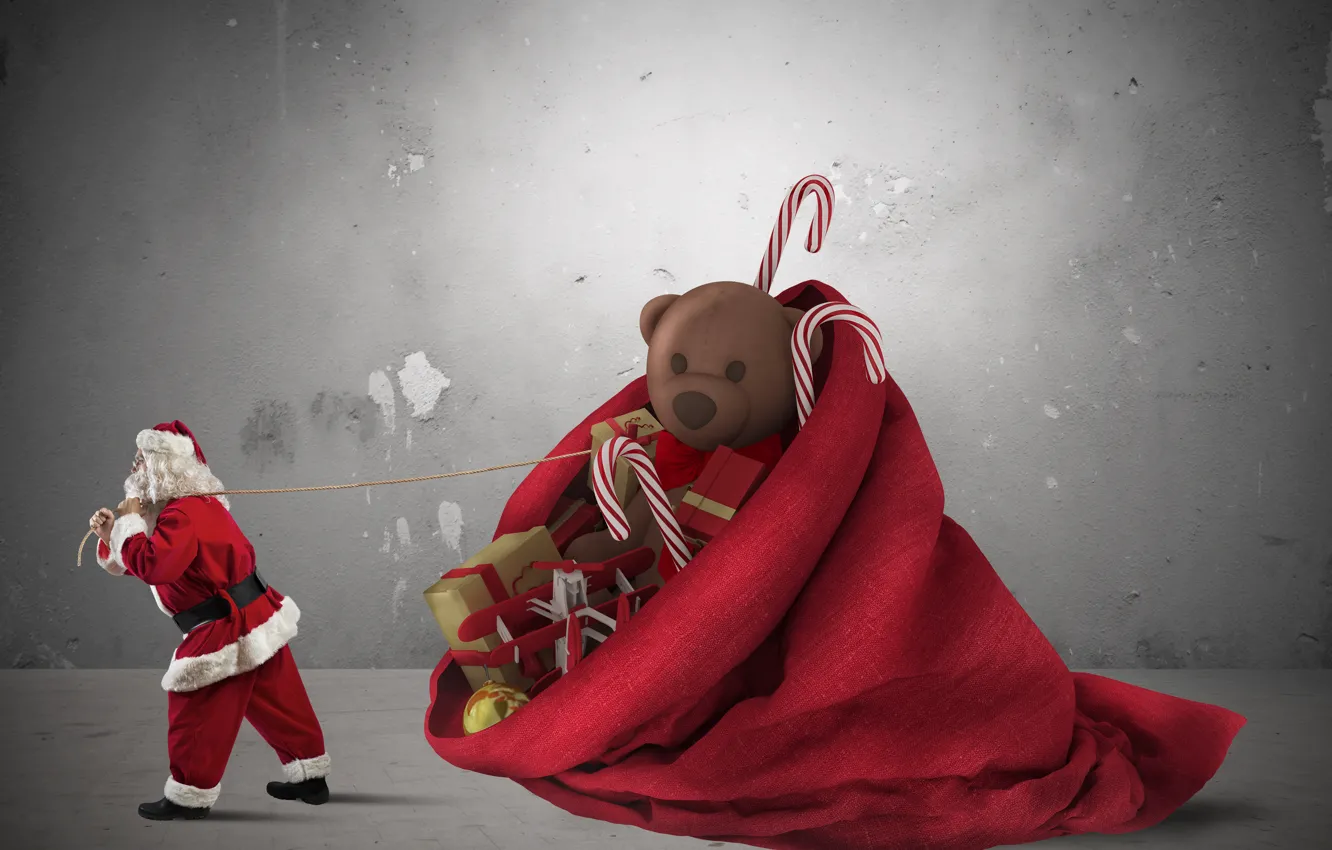 Фото обои красный, праздник, игрушки, новый год, подарки, Санта Клаус, мешок, Дед Мороз