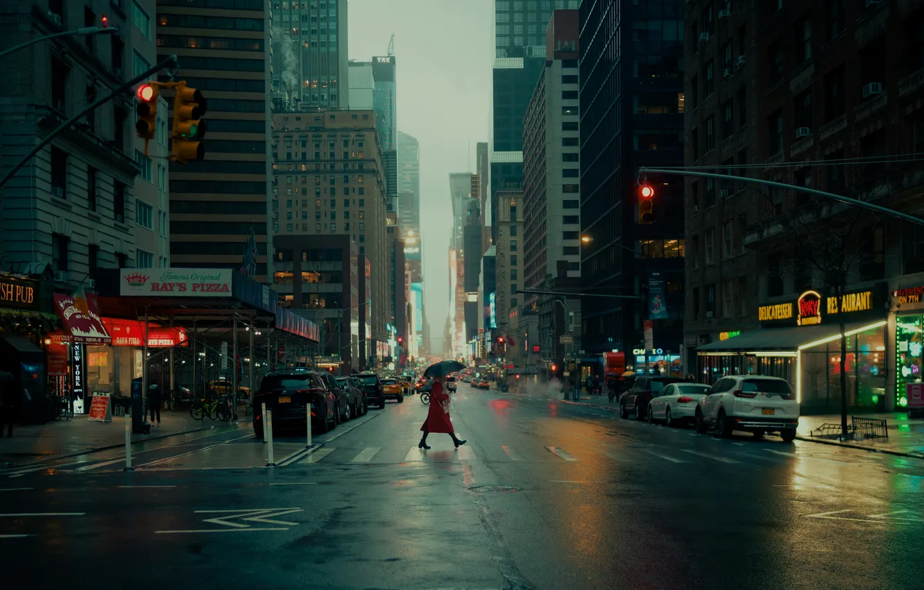 Фото обои girl, USA, rain, woman, umbrella, New York, Manhattan, street
