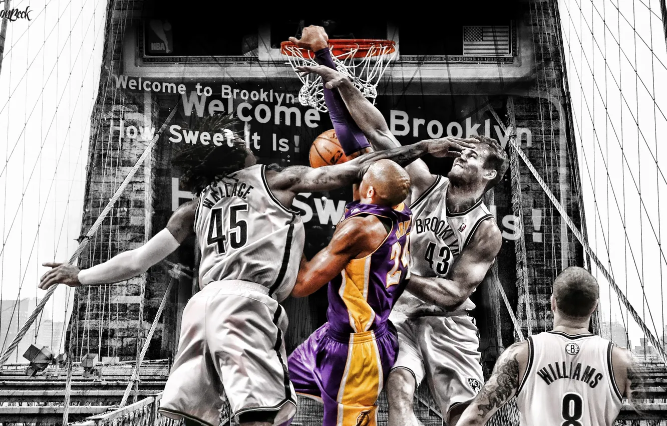 Фото обои Мост, Кольцо, NBA, Lakers, Kobe Bryant, Nets, Игроки, Черно-Белое