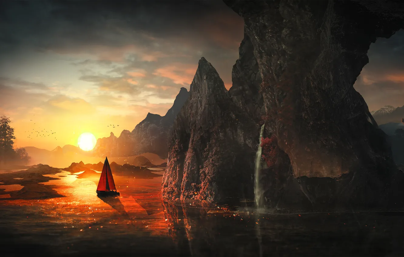 Фото обои вода, солнце, свет, горы, река, восход, фантазия, скалы