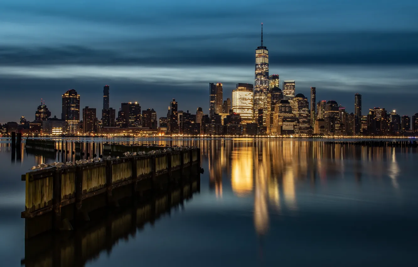 Фото обои река, здания, дома, Нью-Йорк, ночной город, Манхэттен, небоскрёбы, Manhattan