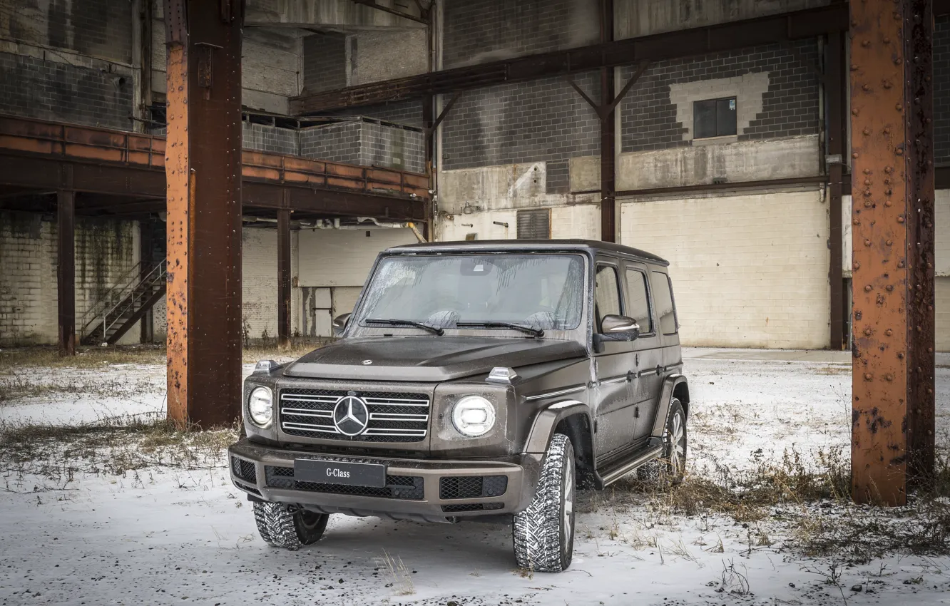 Фото обои снег, стены, растительность, Mercedes-Benz, опоры, 2018, G-Class