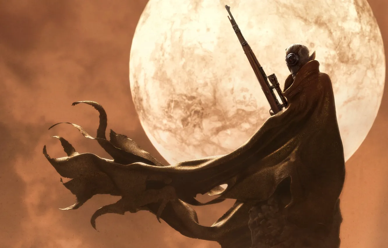 Фото обои скала, луна, инопланетянин, плащ, винтовка, Снайпер