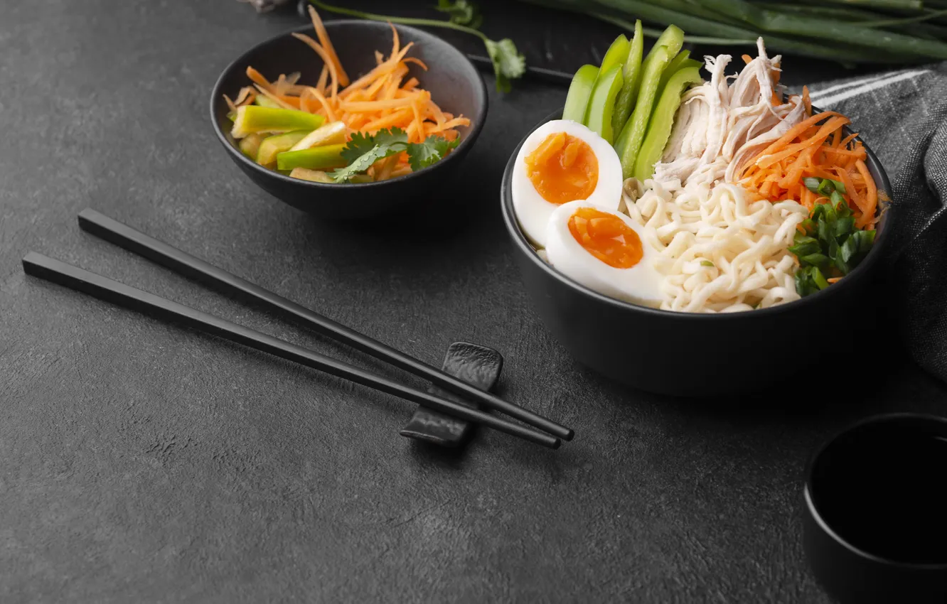 Фото обои eggs, asian, vegetables, chopsticks, noodles, traditional