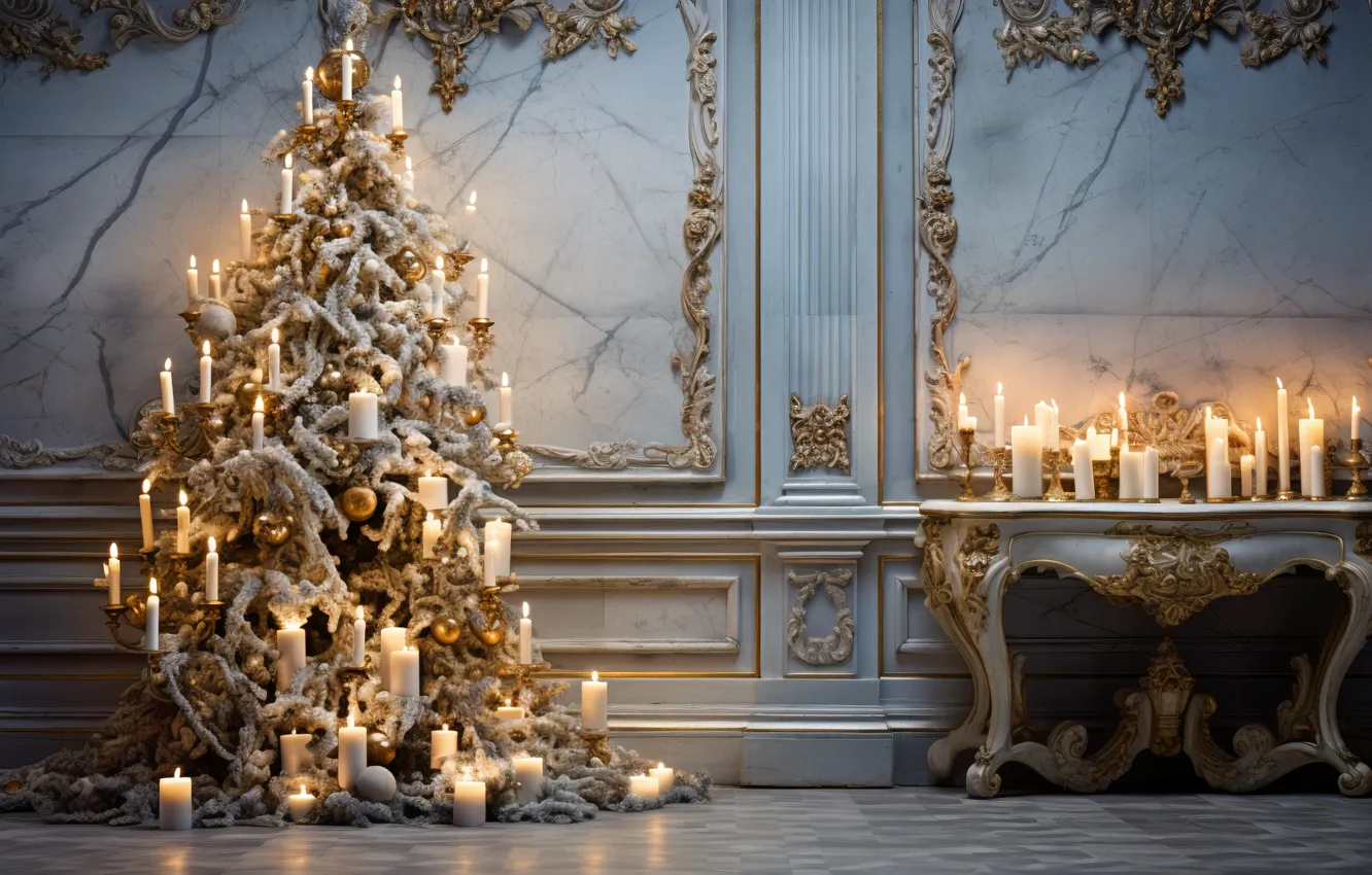 Фото обои украшения, дом, комната, шары, елка, интерьер, свечи, Новый Год