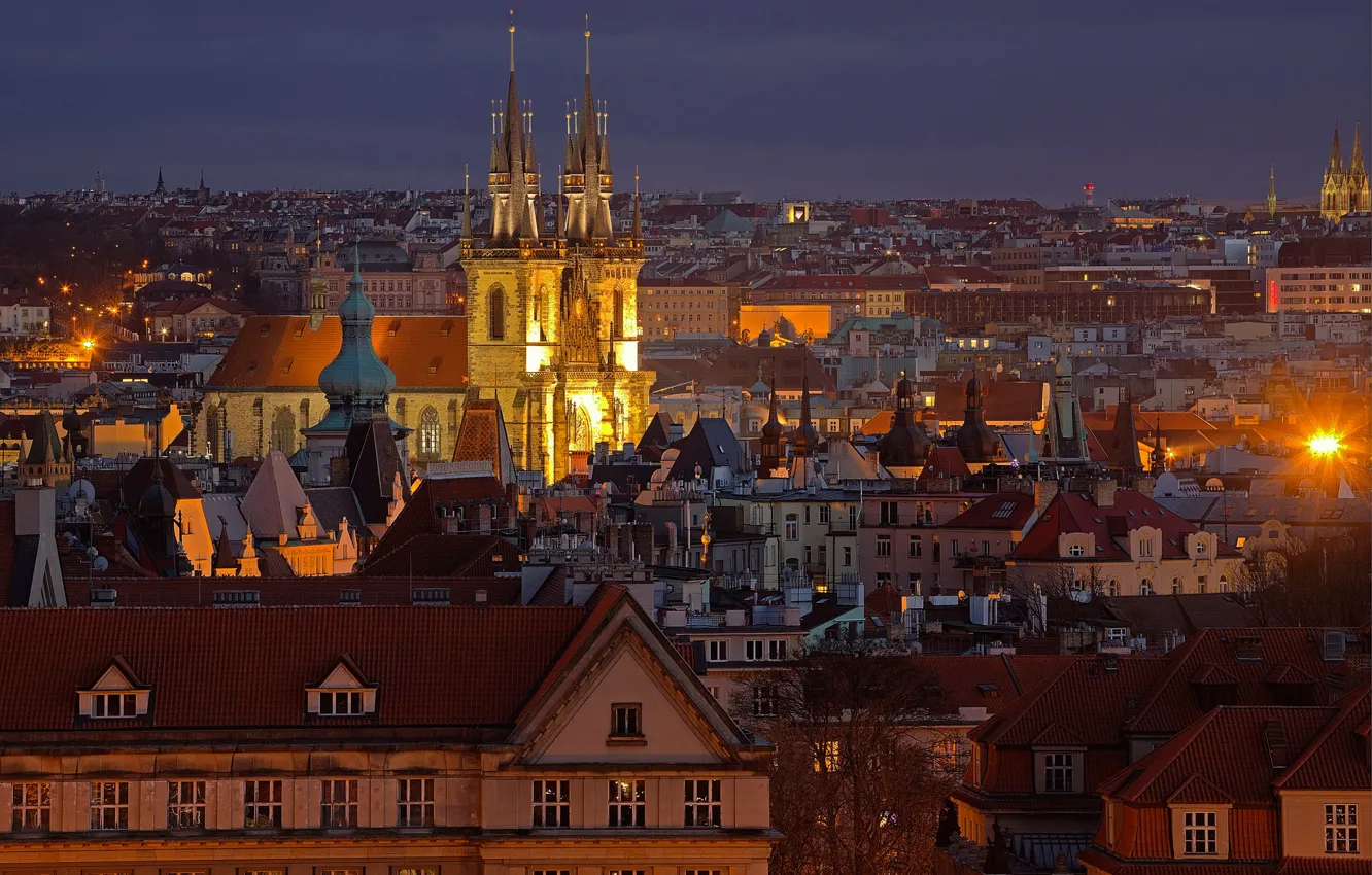 Фото обои ночь, огни, дома, Прага, Чехия, панорама