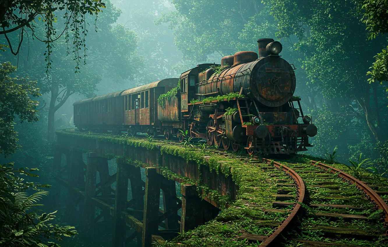 Фото обои мост, туман, ржавый, паровоз, джунгли, wallpaper, старый, jungle
