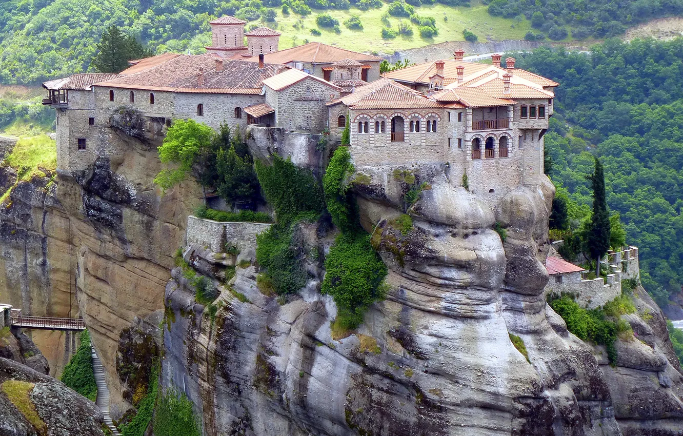 Фото обои скала, дома, Греция, монастырь, Метеоры