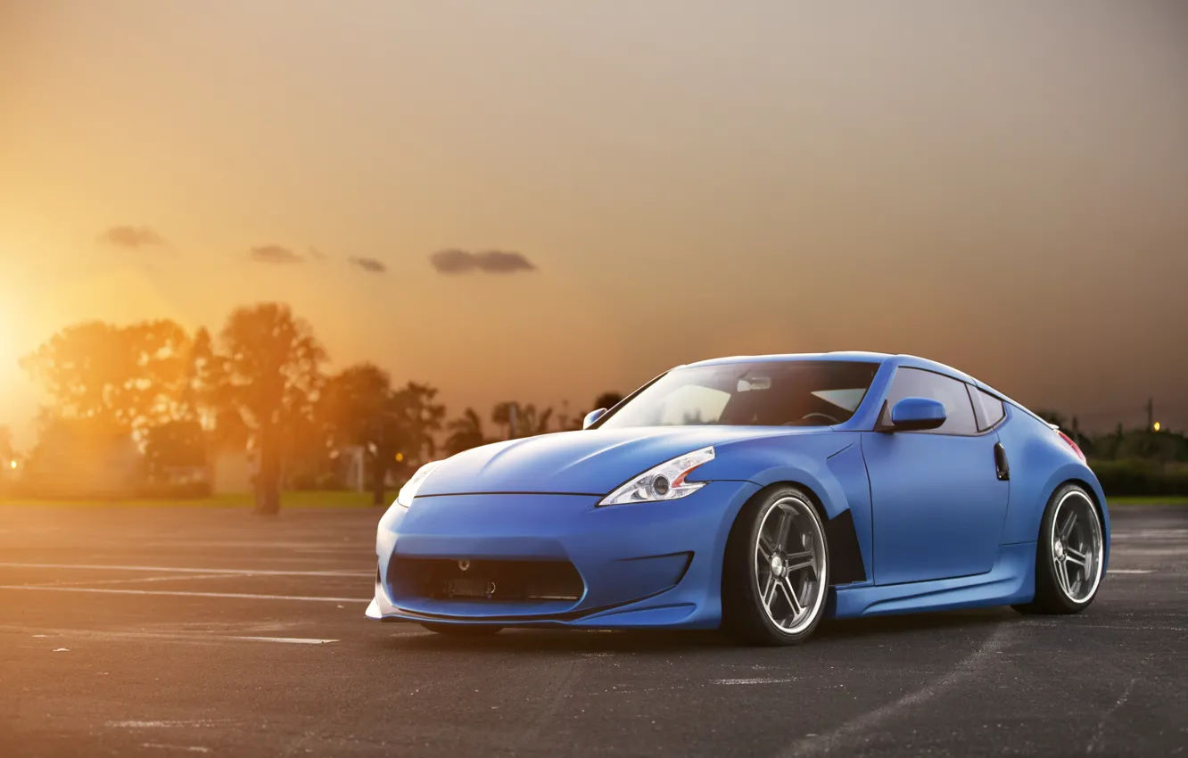 Фото обои солнце, закат, синий, тюнинг, Nissan, блик, ниссан, blue