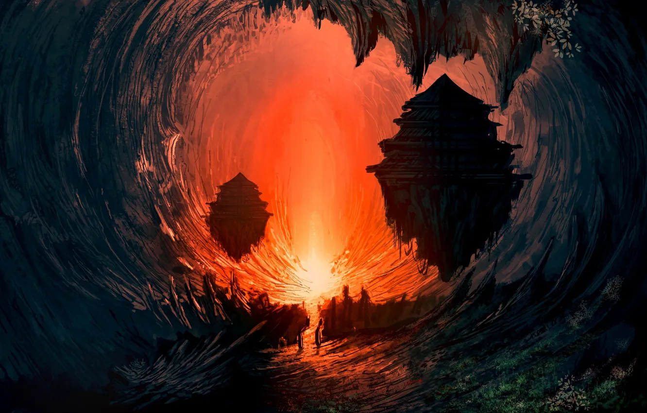 Фото обои свет, пейзаж, огонь, пещера, научная фантастика