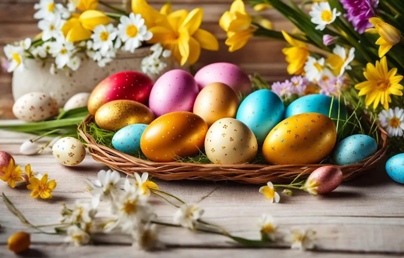 Фото обои цветы, яйца, весна, colorful, Пасха, flowers, spring, Easter