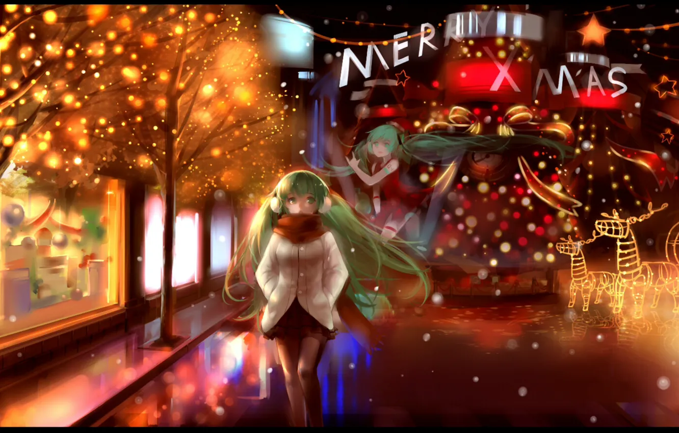 Фото обои снег, деревья, улица, огоньки, шарф, Hatsune Miku, Vocaloid, витрины