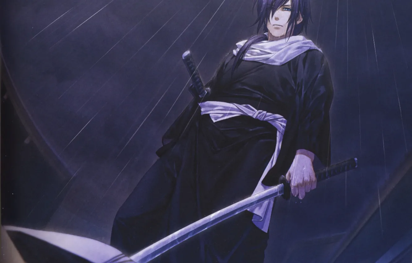 Фото обои ночь, дождь, катана, шарф, самурай, японская одежда, демоны бледной сакуры, hakuouki shinsengumi kitan