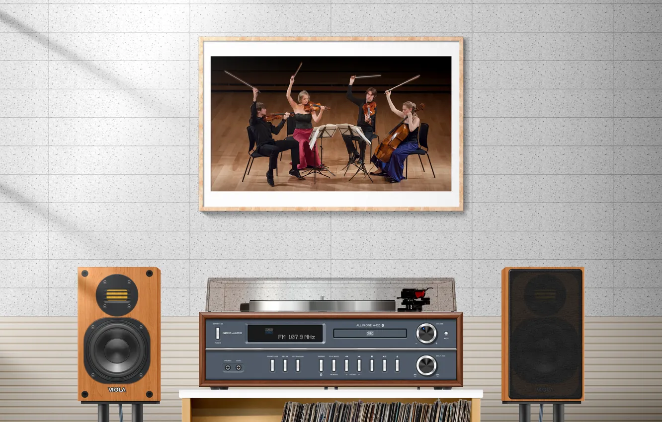 Фото обои amplifier, audio, tuner, speaker, vinyl player, picture frame, string quartet, cd player