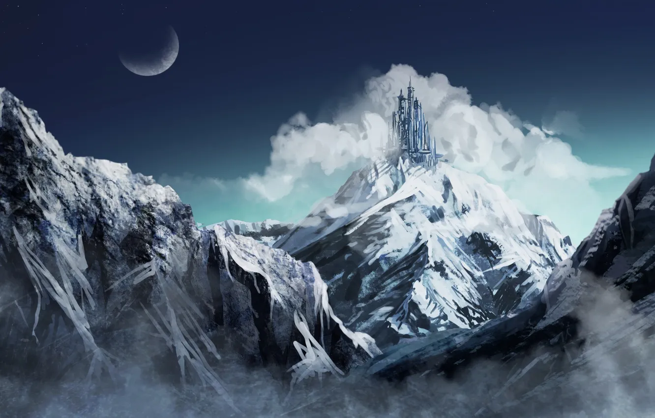 Фото обои облака, снег, горы, замок, луна