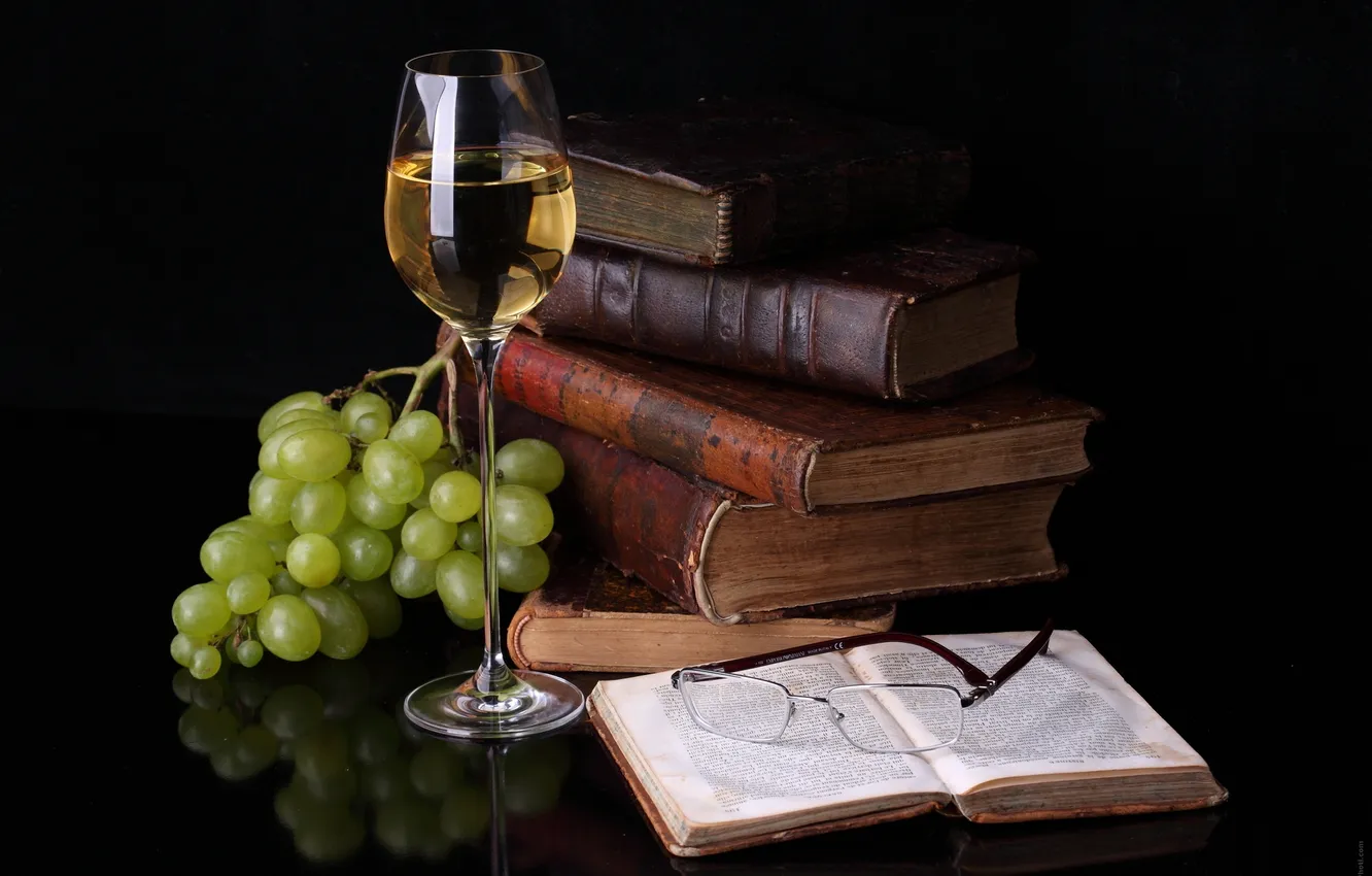 Фото обои вино, очки, виноград, книжки, пища для ума