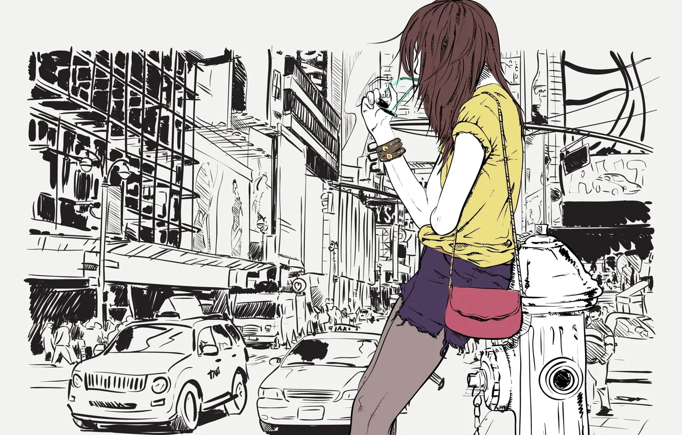 Фото обои дорога, девушка, машины, стиль, улица, волосы, вектор, сумочка