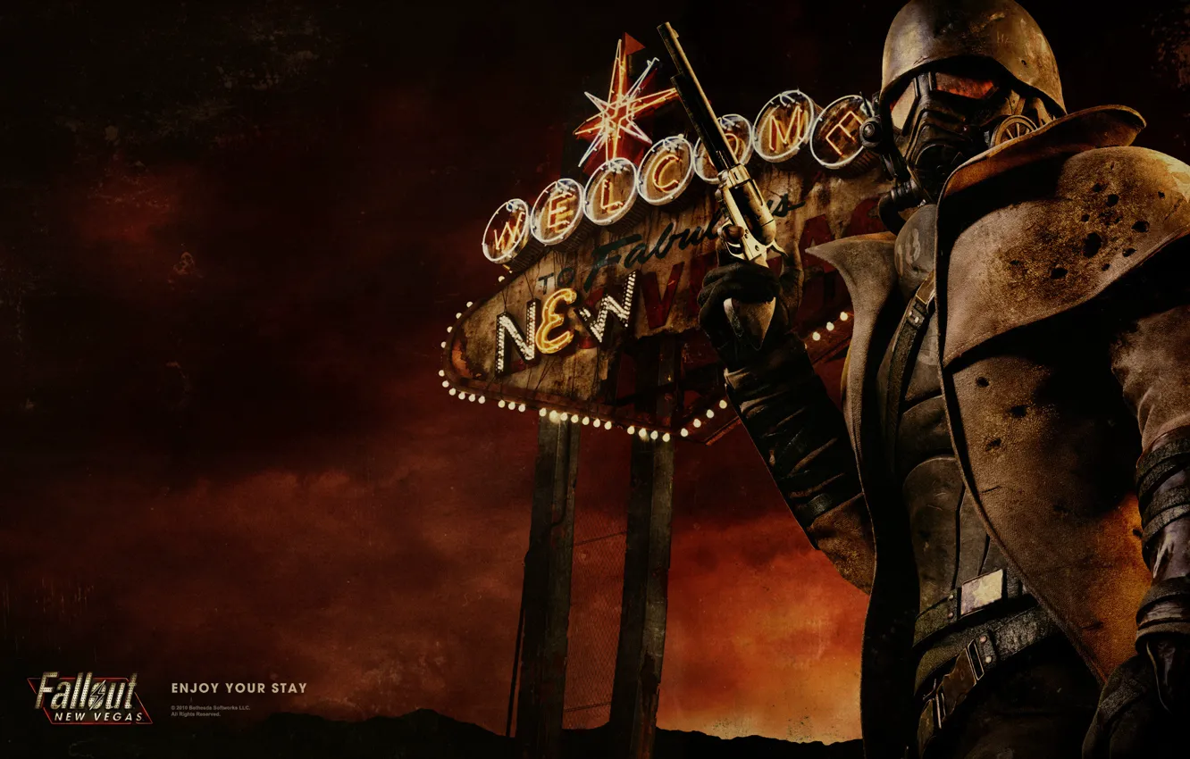 Фото обои огни, неон, солдат, Вегас, Fallout, револьвер, New Vegas