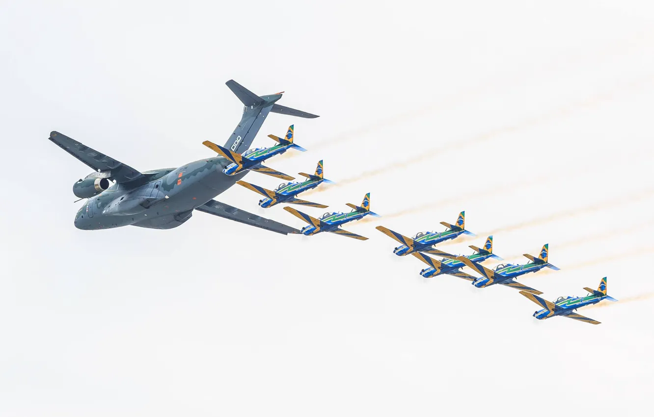 Фото обои FAB, Embraer, KC-390, military aircraft, Força Áerea Brasileira, Brazilian Air Force, Smoke Squadron