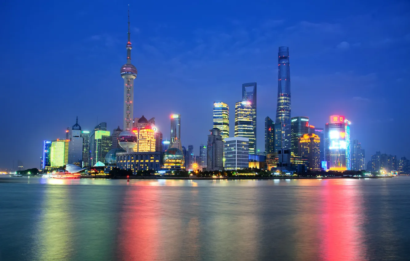 Фото обои ночь, огни, отражение, зеркало, Китай, Шанхай, Oriental Pearl Tower, Shanghai Tower