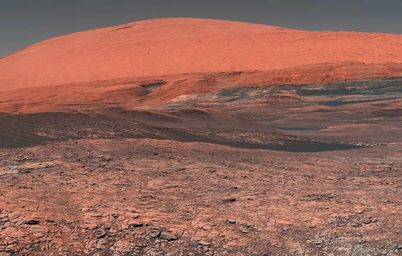 Фото обои небо, поверхность, природа, пустыня, планета, Марс, Mars, Mars rover Curiosity