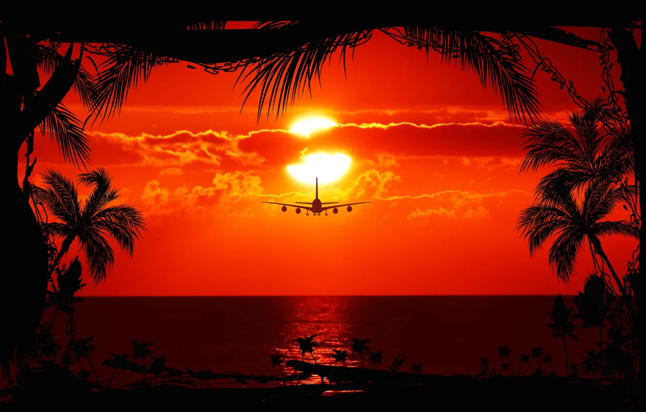 Фото обои море, закат, самолет, Солнце, силуэт