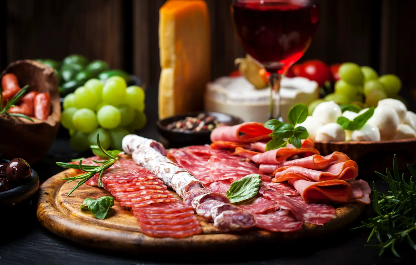 Фото обои фон, вино, размытие, виноград, колбаса, ветчина, sausage, ham