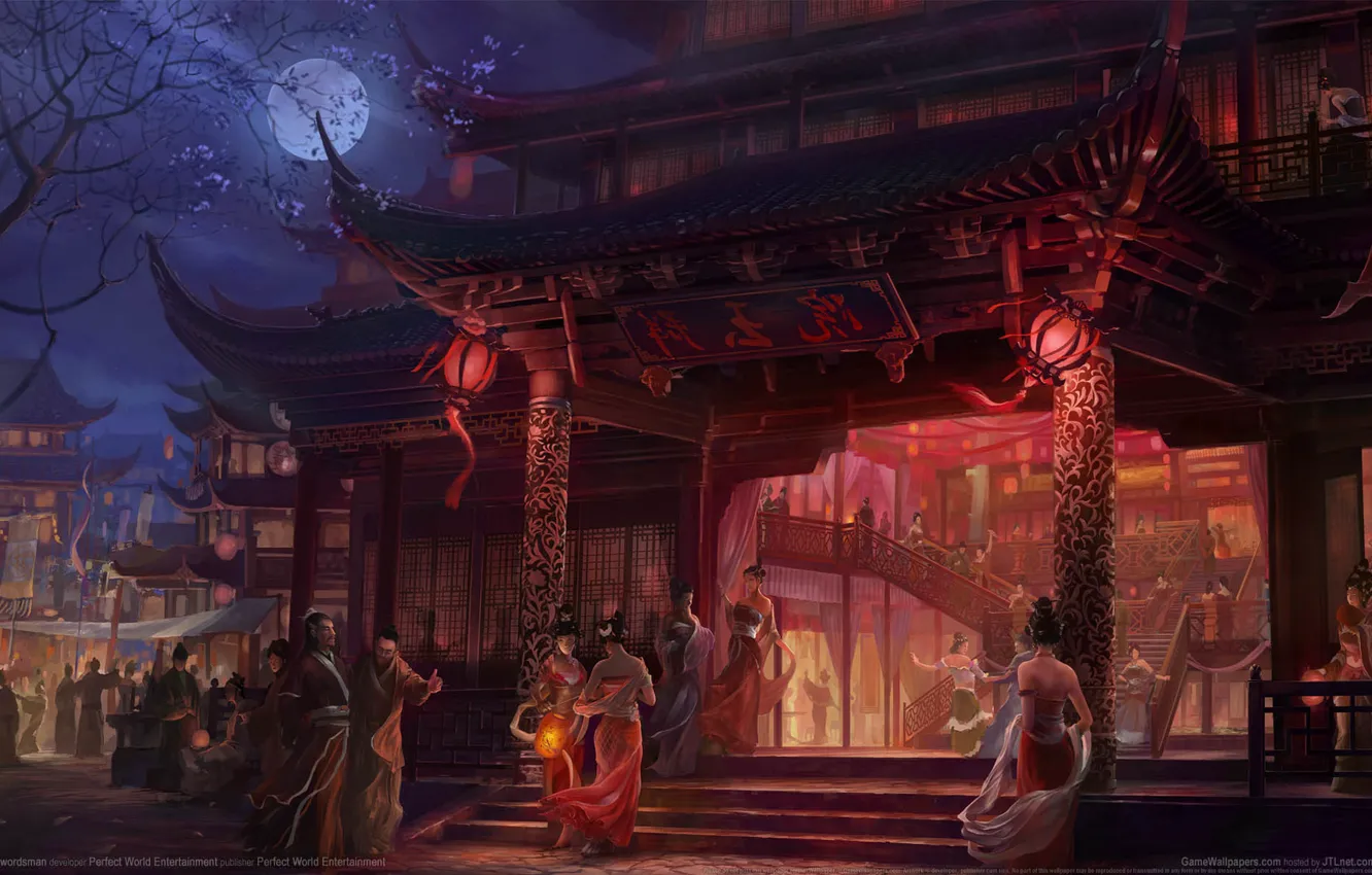 Фото обои game wallpapers, люди, огни, луна, полнолуние, пагода, Swordsman, ночь