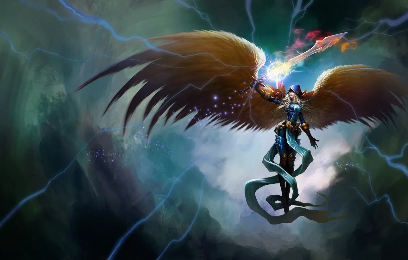 Фото обои девушка, магия, молнии, крылья, ангел, меч, арт, League of Legends
